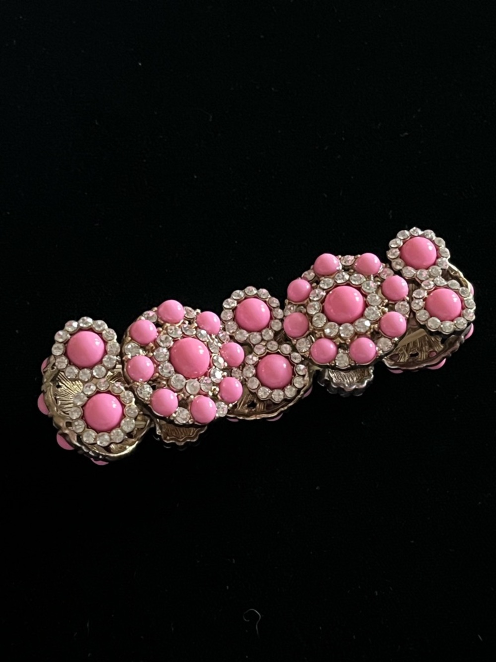 Vintage Pink Cabochon & Rhinestone Floral Stretch Bracelet - Picture 2 of 4